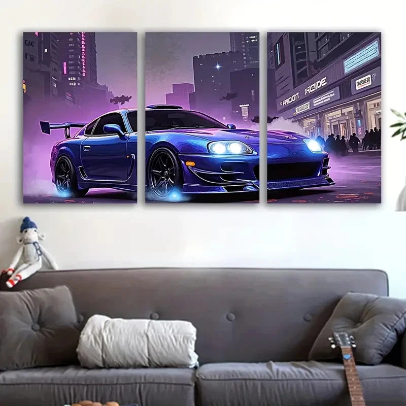 3pcs NFS Most Wanted Sports Car in Neon City Wall Art Set Canvas Framed 60x90cm - High Quality Print 100% Australian Made Wall Canvas Ready to Hang