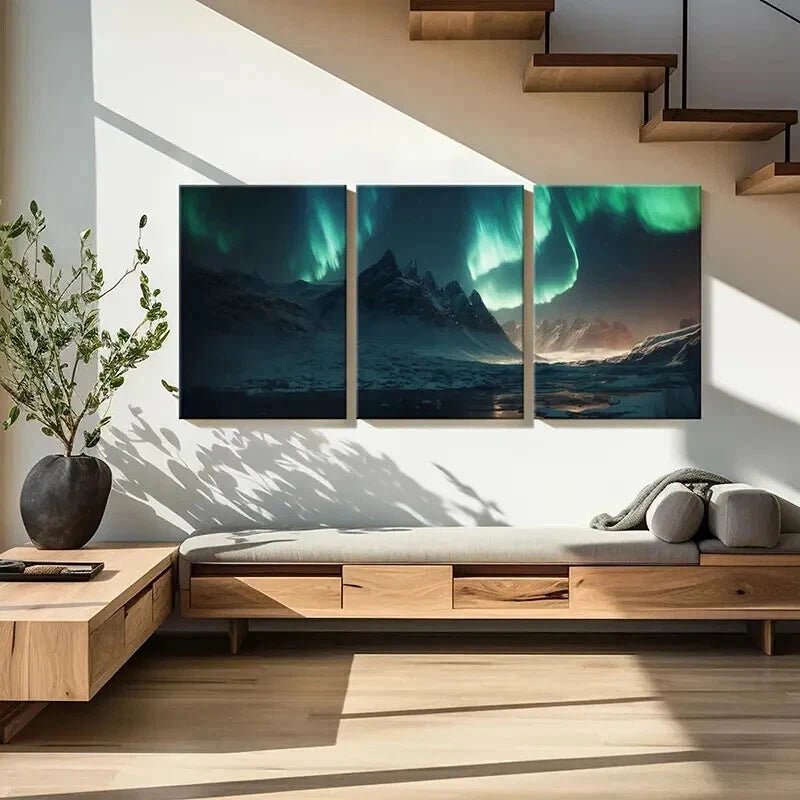 3pcs Snow Mountains Aurora Northern Lights Wall Art Set Canvas Framed 40x60cm - High Quality Print 100% Australian Made Wall Canvas Ready to Hang