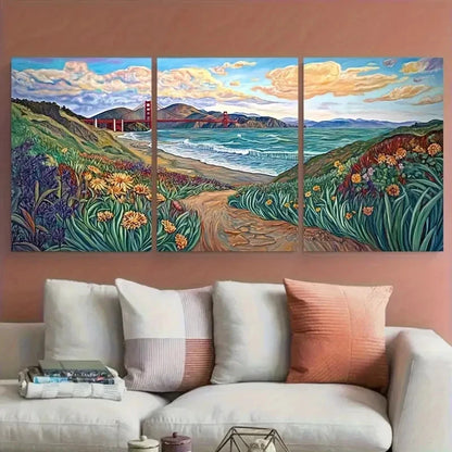 3pcs Baker Beach Golden Gate Bridge Wall Art Set Canvas Framed 40x60cm - High Quality Print 100% Australian Made Wall Canvas Ready to Hang