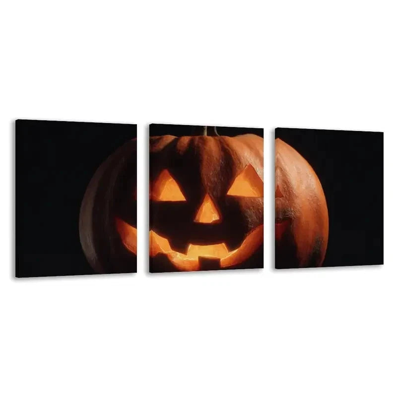 3pcs Spooky Halloween with Grin Carved Pumpkin Wall Art Set Canvas Framed 50x70cm - High Quality Print 100% Australian Made Wall Canvas Ready to Hang