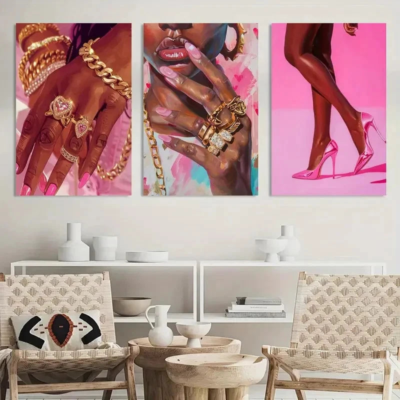 3pcs Painting Pink Fashion African Black Girl Metal Print Ready to Hang Art