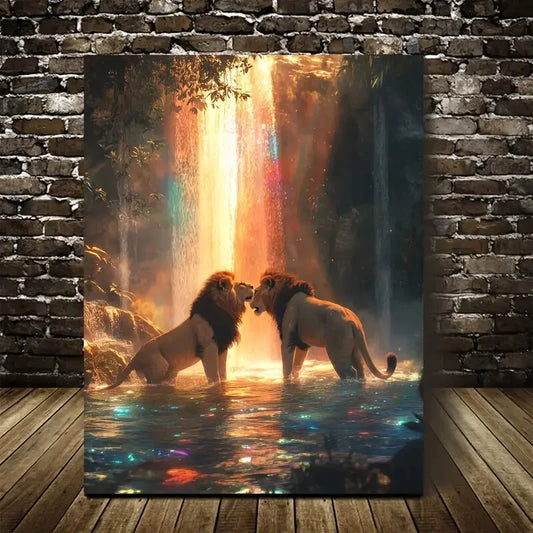 Lion Painting with Waterfall & Rainbow Painting 40x60cm Metal Print Ready to Hang