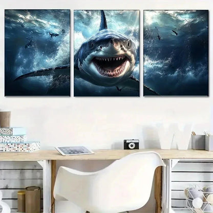 3pcs Fierce Great White Shark Deep Sea Predator Metal Print Ready to Hang Art