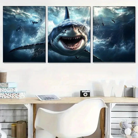 3pcs Fierce Great White Shark Deep Sea Predator Metal Print Ready to Hang Art