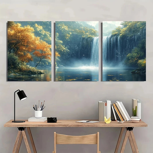 3pcs Waterfall Serenity Nature Metal Print Ready to Hang Art