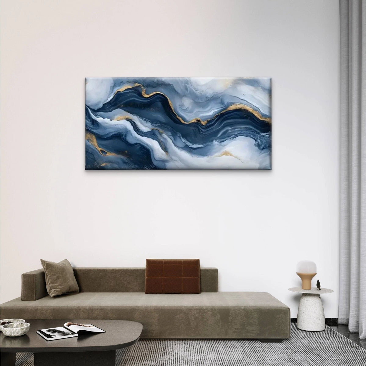 Blue And Golden Marble Abstract Wall Art Canvas Office Home Room Framed 120x60cm