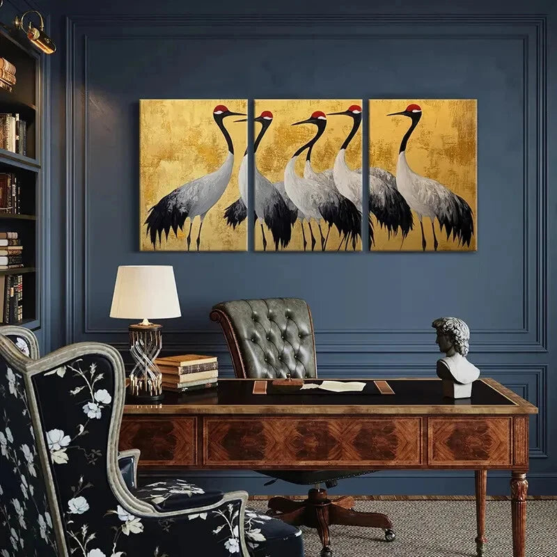 3pcs Elegant Cranes Golden Background Metal Print Ready to Hang Art