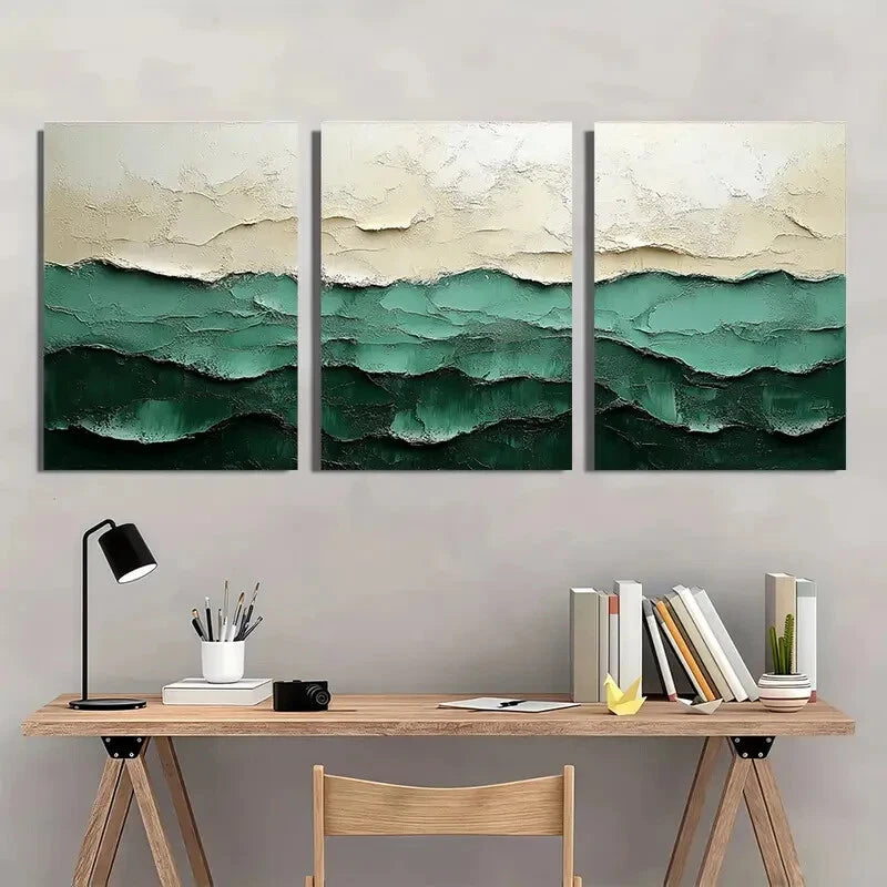 3pcs Abstract Green & White Textured Metal Print Ready to Hang Art