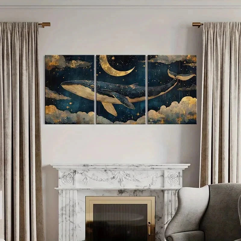 3pcs Whale Dream Sky Moon Stars Clouds Night Art Metal Print Ready to Hang Art