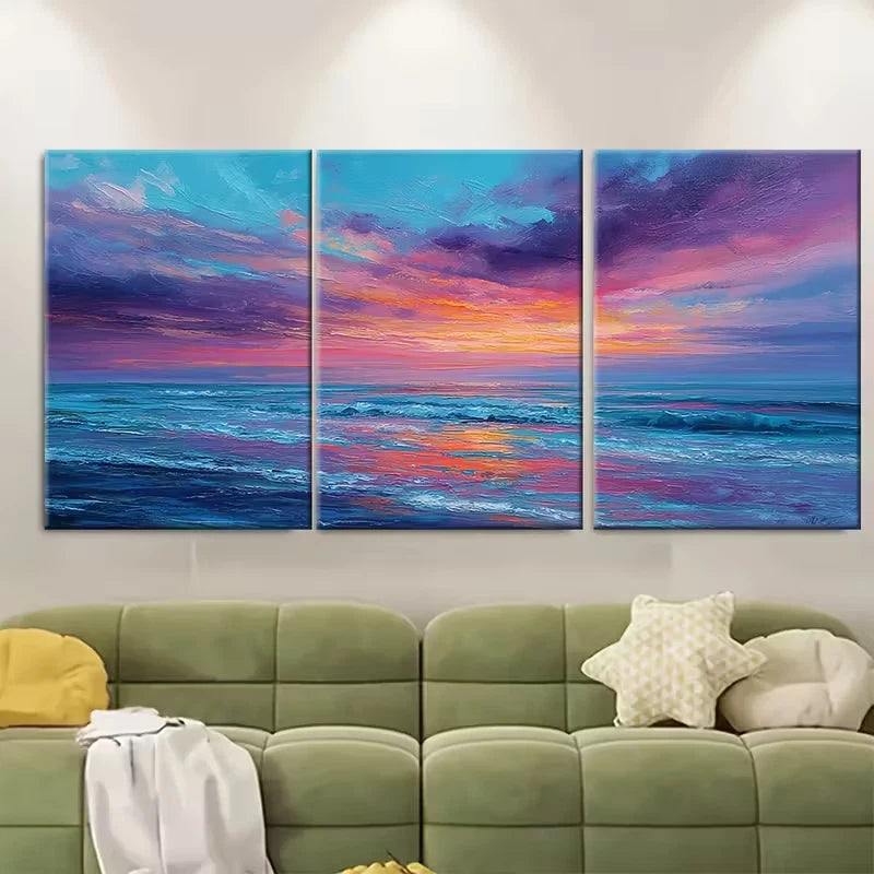 3pcs sunset, sea sunset, abstract landscape, Metal Print Ready to Hang Art
