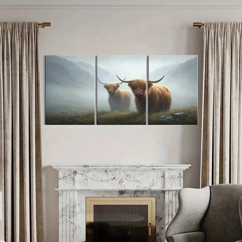 3pcs Highland Cattle Foggy Mountain Landscape Metal Print Ready to Hang Art
