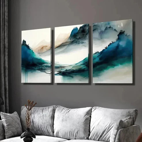 3pcs Green Blue Mountains in the Fog  Wall Art Set Canvas Unframed - High Quality Print 100% Australian Made Wall Canvas