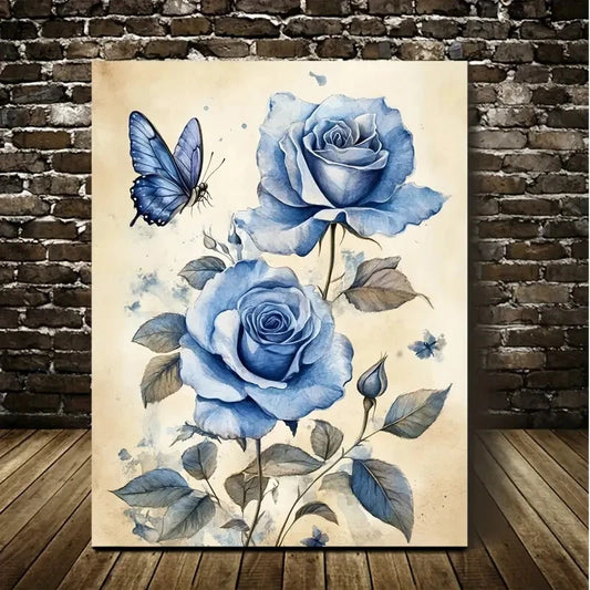 Beautiful Serene Blue Roses & Butterflies Painting 40x60cm Metal Print Ready to Hang