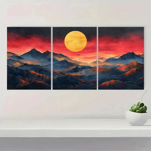 3pcs Minimalist Mountain Art with Sunset Boho Metal Print Ready to Hang Art