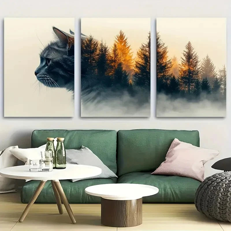 3pcs Double Exposure Cat And Forest Trees Metal Print Ready to Hang Art
