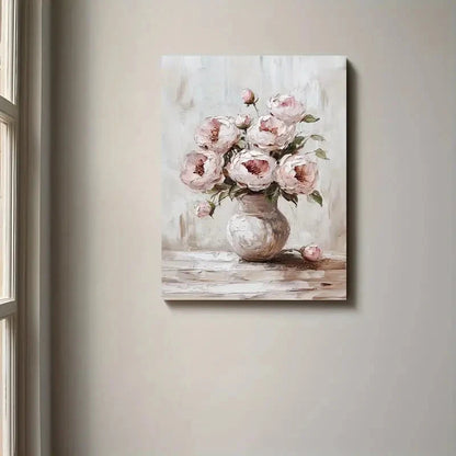 Painting of pink flowers in a vase on a wooden surface, hanging on a beige wall.