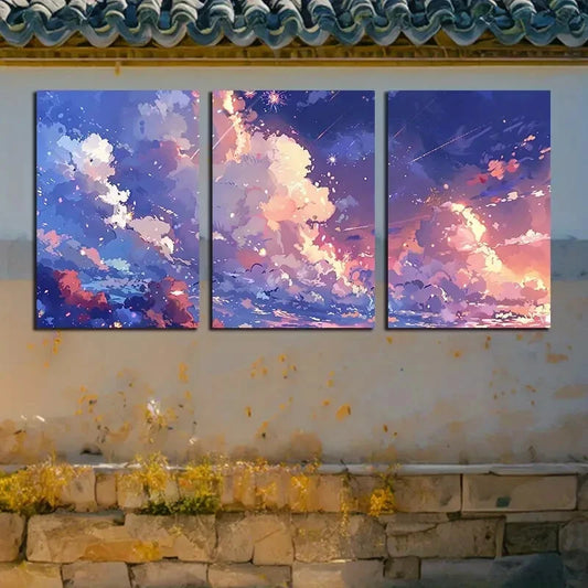 3pcs Vibrant White Cloud with Bird Flying Design Metal Print Ready to Hang Art