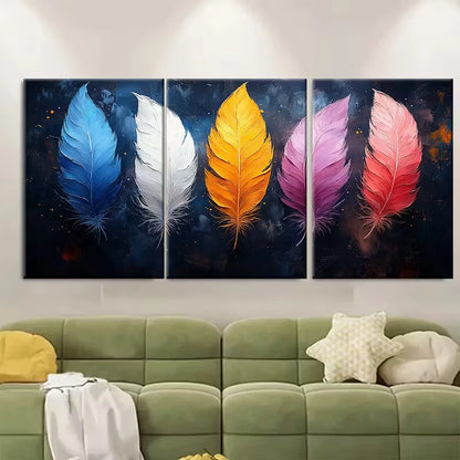 3pcs Minimalist Artwork Colorful Feather Metal Print Ready to Hang Art
