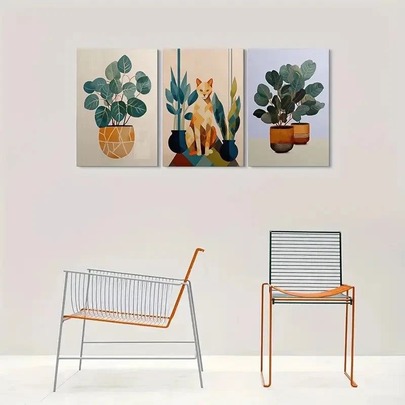 3pcs Geometric Plant & Cat Designs Metal Print Ready to Hang Art
