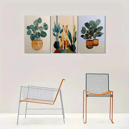3pcs Geometric Plant & Cat Designs Metal Print Ready to Hang Art