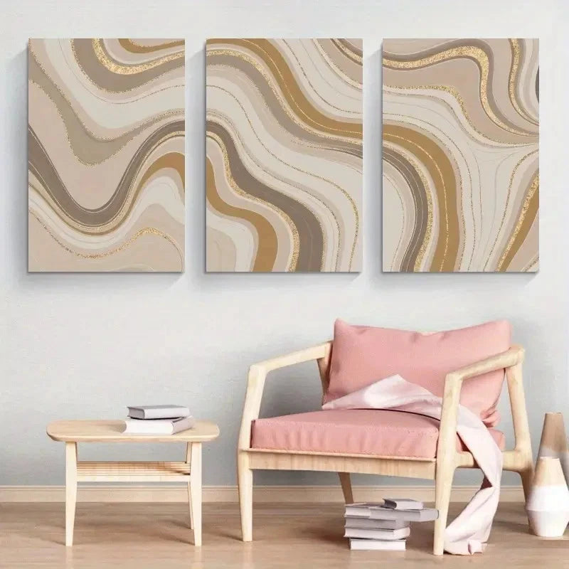 3pcs Marble Texture Golden Veins Metal Print Ready to Hang Art