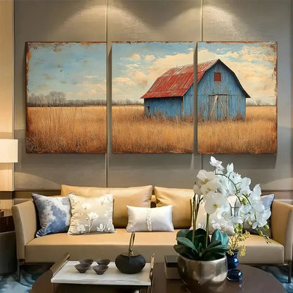 3pcs Rustic Blue Barn in Countryside Metal Print Ready to Hang Art