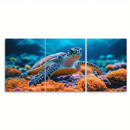 3pcs Wild Sea Turtle Colorful Coral Reef Life Wall Art Set Canvas Framed 50x70cm - High Quality Print 100% Australian Made Wall Canvas Ready to Hang