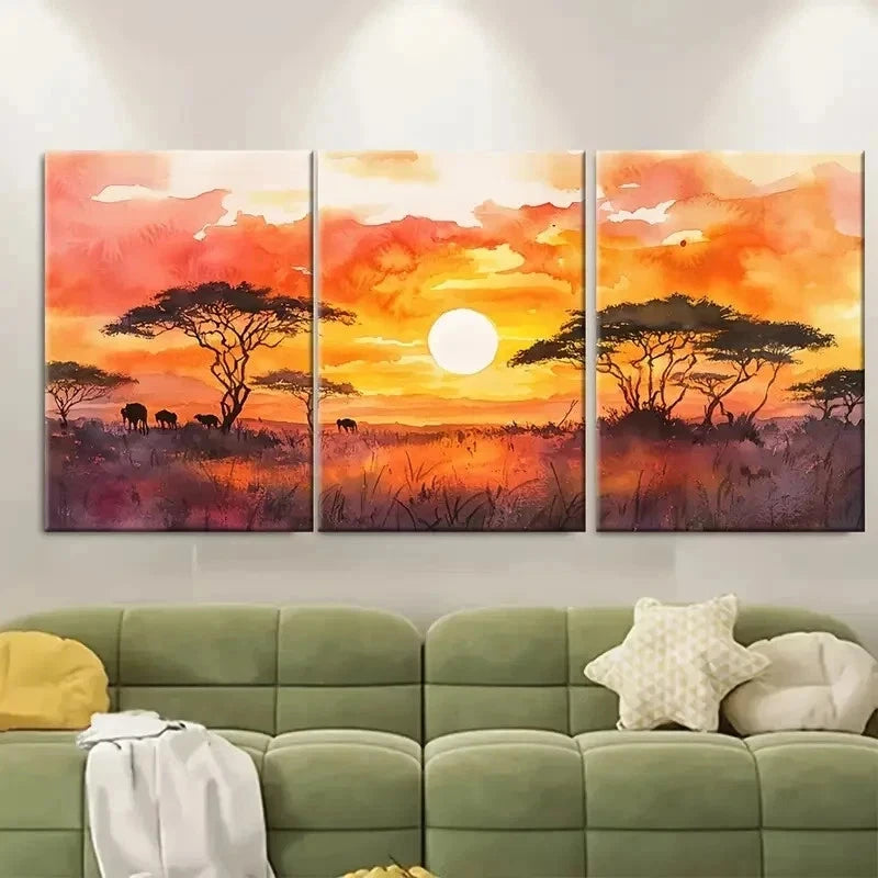 3pcs African Sunset African Scenic Perfect Wall Art Set Canvas Framed 50x70cm - High Quality Print 100% Australian Made Wall Canvas Ready to Hang