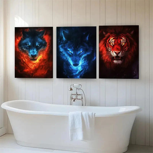 3pcs Fire and Ice Wolf & Tiger Triptych Perfect Wall Art Set Canvas Framed 40x60cm - High Quality Print 100% Australian Made Wall Canvas Ready to Hang