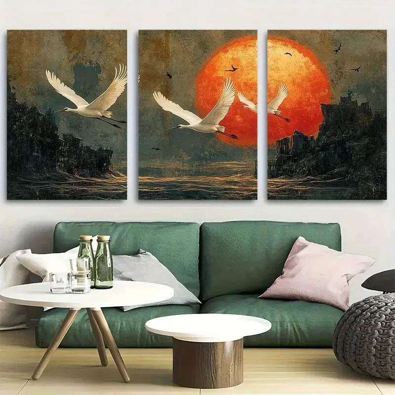 3pcs Graceful White Cranes in Flight Against Sun Metal Print Ready to Hang Art