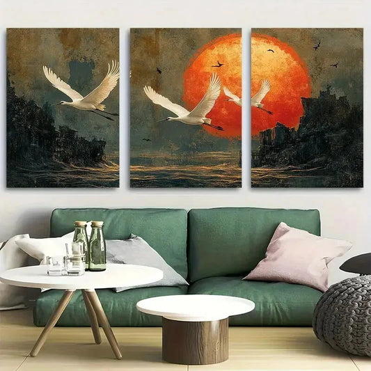 3pcs Graceful White Cranes in Flight Against Sun Metal Print Ready to Hang Art
