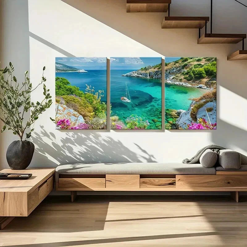 3pcs Seaside Tranquility Sailboat Crystal Metal Print Ready to Hang Art