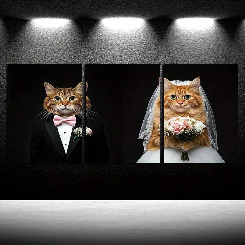3pcs Two Cats wearing Wedding Dresses with Florals Metal Print Ready to Hang Art