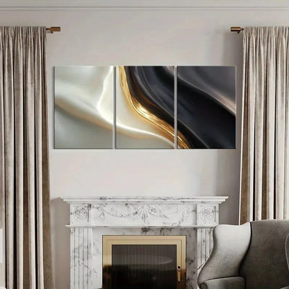3pcs Abstract Silk Flow Golden Lines Black White Metal Print Ready to Hang Art