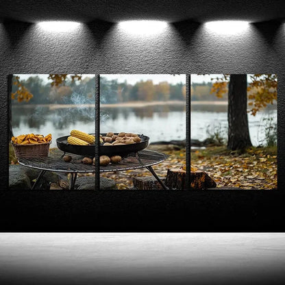 3pcs Outdoor Barbecue Scenery with lake View Metal Print Ready to Hang Art