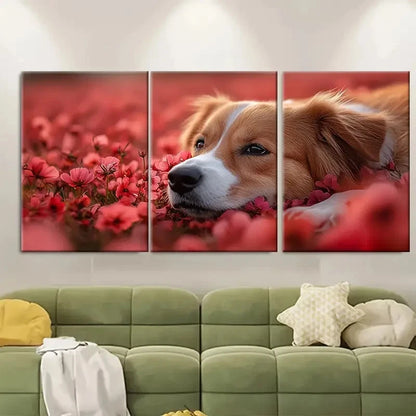 3pcs Australian Shepherd Paw in Red Flower Field Metal Print Ready to Hang Art