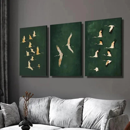 3pcs Cranes in Emerald Green Backdrop Wall Art Set Canvas Framed 40x60cm - High Quality Print 100% Australian Made Wall Canvas Ready to Hang