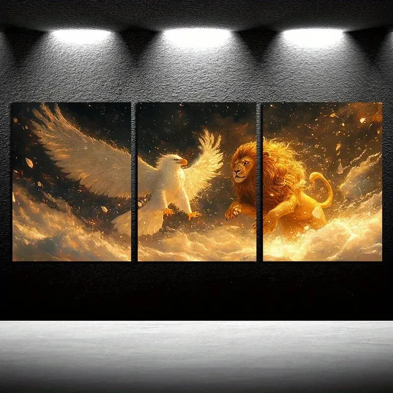 3pcs Mystical Lion and Bird Encounter Illustration Metal Print Ready to Hang Art