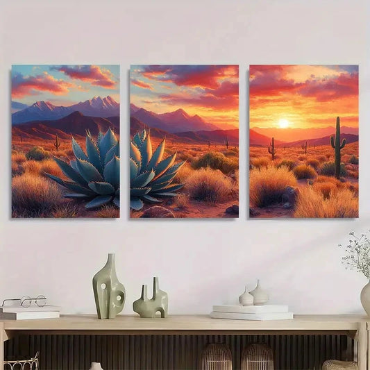 3pcs Agave Sunset Desert Mountains Metal Print Ready to Hang Art
