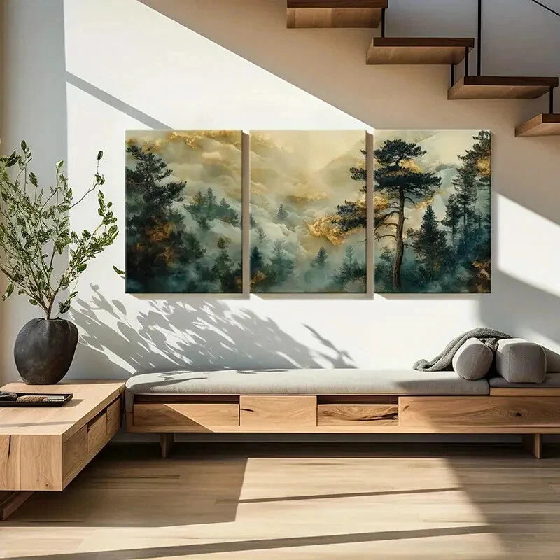 3pcs Mystical Forest Golden Cloud Serene Landscape Metal Print Ready to Hang Art