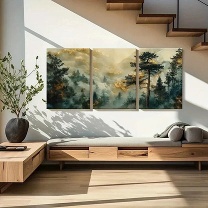 3pcs Mystical Forest Golden Cloud Serene Landscape Metal Print Ready to Hang Art