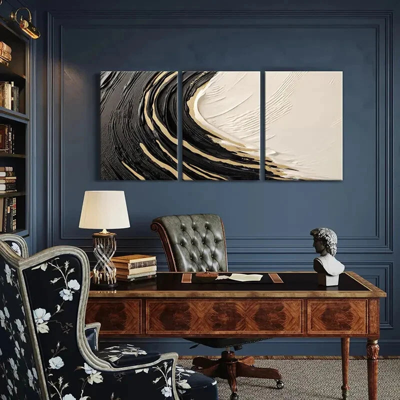 3pcs Abstract Art Black White Golden Swirl Design Metal Print Ready to Hang Art