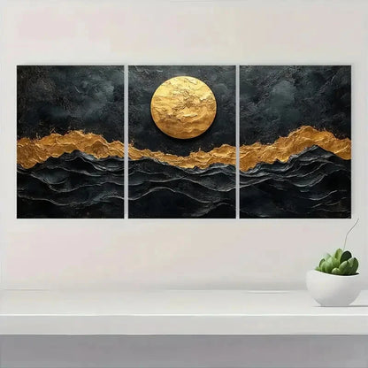3pcs Abstract Texture Black & Golden Wave Metal Print Ready to Hang Art