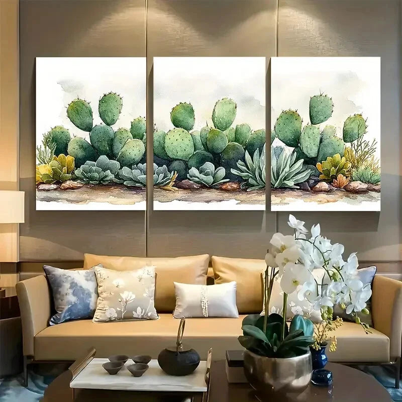 3pcs Minimalist Green Prickly Pear Cactus Design Metal Print Ready to Hang Art