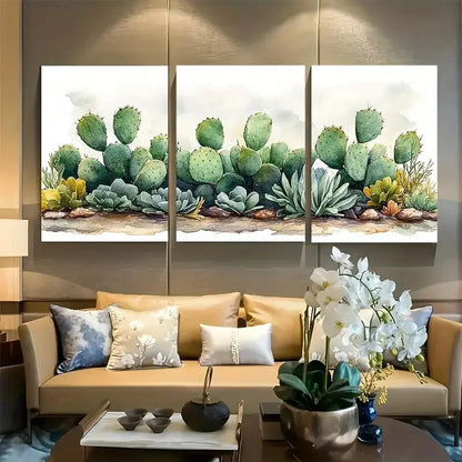 3pcs Minimalist Green Prickly Pear Cactus Design Metal Print Ready to Hang Art