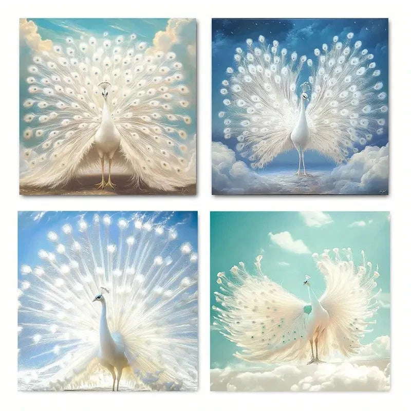 4pcs Seawater White Peacock with Blue Feathers Wall Art Canvas Framed