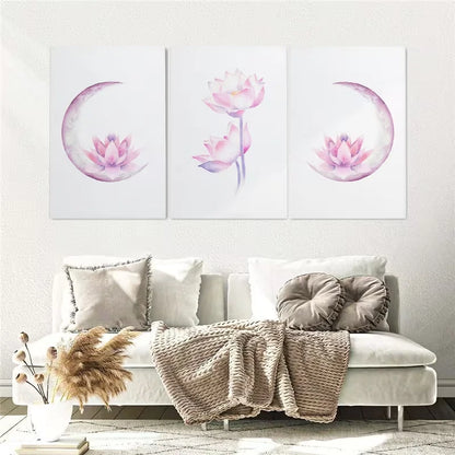 3pcs Lotus Flower Boho Moon Watercolor Painting Wall Art Set Canvas Framed 60x90cm - High Quality Print 100% Australian Made Wall Canvas Ready to Hang