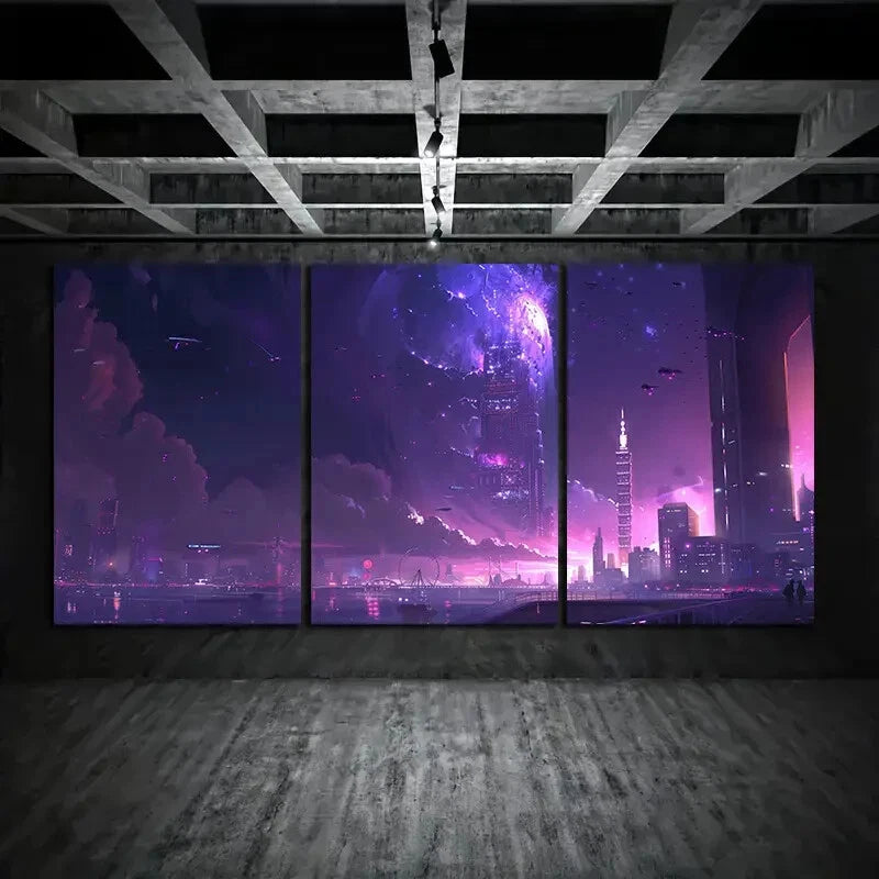 3pcs Thunderstorm Night Cityscape Urban Metal Print Ready to Hang Art