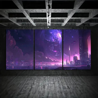 3pcs Thunderstorm Night Cityscape Urban Metal Print Ready to Hang Art