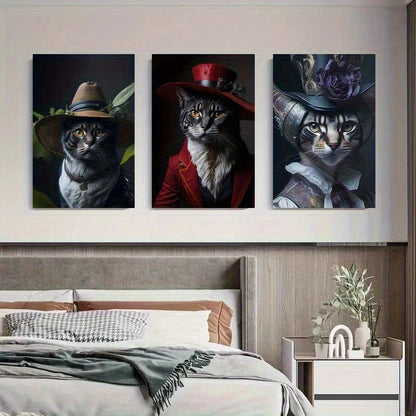 Three framed paintings of cats wearing hats on a wall above a bed.